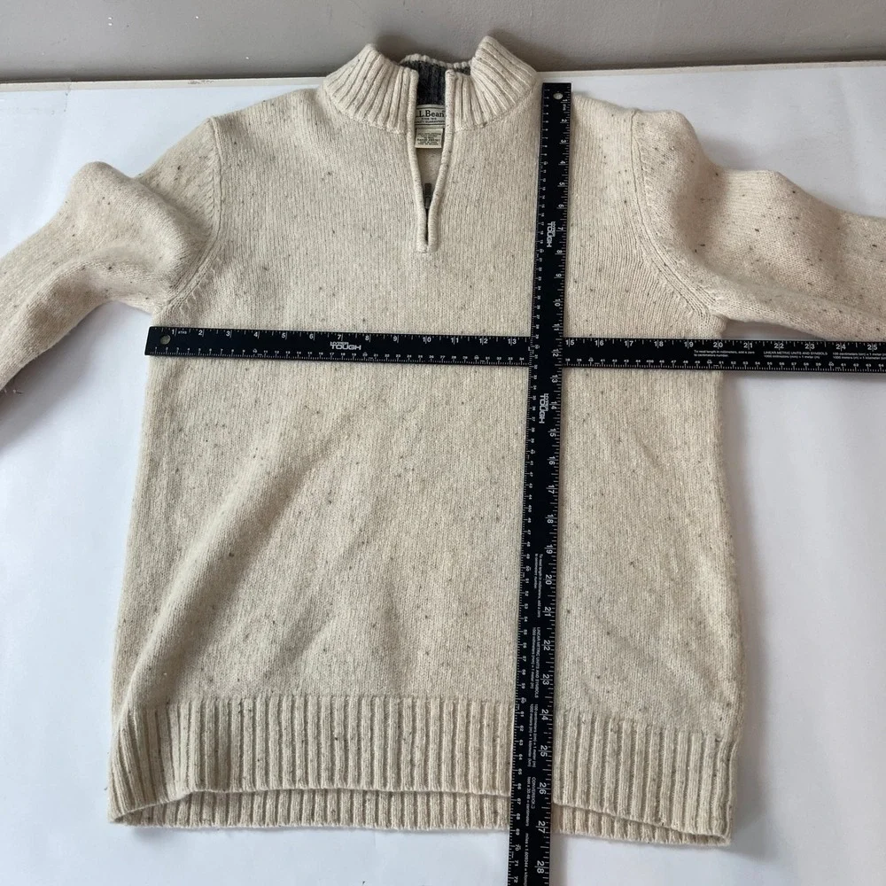 LL Bean Sweater Mens M Cream 1/4 Zip Shetland Corduroy Elbow Patch Outdoor Gorp